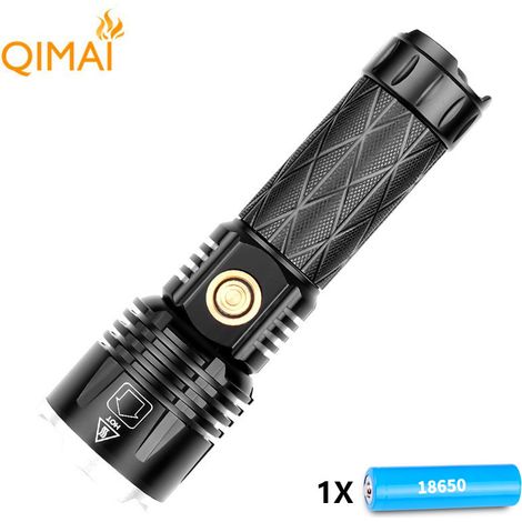 Lampe torche XHP90 (1619 + 1 batterie 18650), construction en alliage d'aluminium, rechargeable par USB. (1/4)