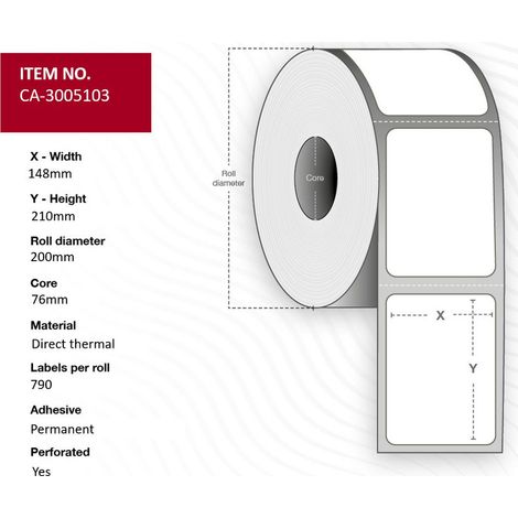 Thermoetiketten 148 x 210 mm, 76 mm Kern, Unbeschichtet, Permanent, Perforiert, 790 pro Rolle, 4 Rollen pro Packung, CA-3005103