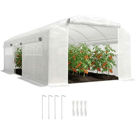 Serre tunnel 6 x 3 x 2 m avec 3 portes roulantes, 6 fenêtres en filet et une structure en acier galvanisé blanc (1/5)