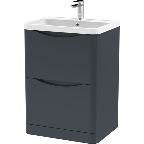 Balterley Dunwood Contemporary Bathroom Floor Standing 2 Drawer Vanity & Polymarble Basin, Dark Grey, 600mm (1/5)