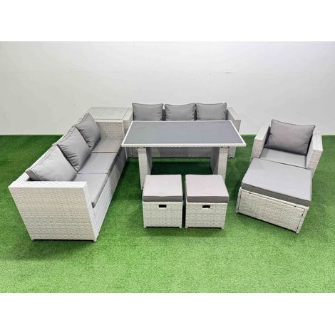 Fimous Patio Garden Furniture Sets with Black Glass Top Dining Table 3 Seater Sofa Armchair Side Table 3 Stool Light Grey (1/5)