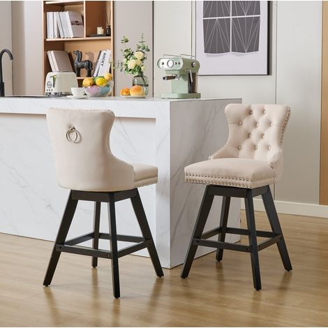 Tabouret de bar en velours beige pivotant 360° avec dossier incurvé et pieds en bois massif,55×44.5×97.5cm (1/5)