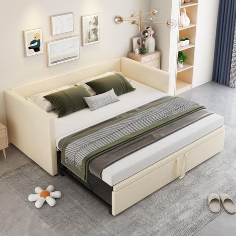 Letto a scomparsa 90x200 cm/180x200 cm, con divano letto estensibile, rete a doghe in legno, letto matrimoniale in velluto - Beige