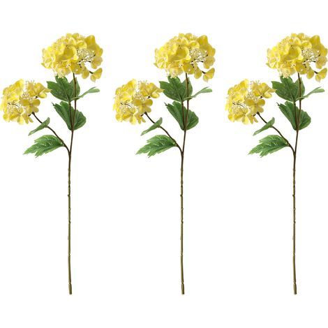[Jaune] Lot de 3 hortensias artificiels à deux têtes, style bionique frais, faits main, hydratants, pour décoration florale de mariage. (1/5)