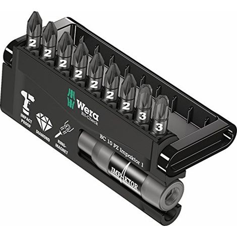 Kit embouts WERA Bit-Check Impaktor 1 10 pieces Pozidriv avec support Impaktor