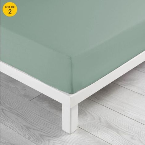 Lot de 2 Drap housse 140 x 190 x 30 cm Linette coton lavé  57 fils Sauge (1/4)