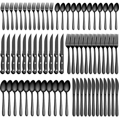 Couverts de Table 12 personnes, 72 Pièces Couvert Noir, Set de couverts en acier inoxydable avec couteau à steak, compris fourchettes, cuillères, couteaux, résistant au lave-vaisselle (1/5)