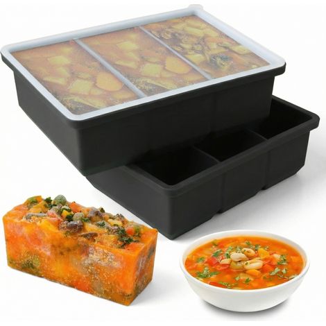 Bandejas de silicona para cubitos de hielo con tapa, juego de 2, fácil desmolde, 6 porciones de 250 ml (1 taza) para sopas y salsas.