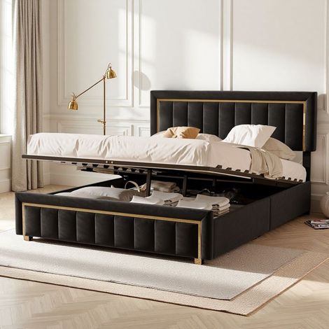 Cama Doble 160x200 - Cama Cofre Hidráulica - Terciopelo Negro - Diseño Chic - Espacio de Almacenamiento