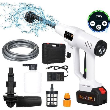 Nettoyeur Haute Pression sans Fil 21V - 6 en 1 Buse Multifonction Pistolet Haute Pression 725 PSI avec Tuyau de 5M, 1 x 1500mAh Batterie, pour Nettoyer Voitures, Sol, Les salissures Quotidienn (1/5)
