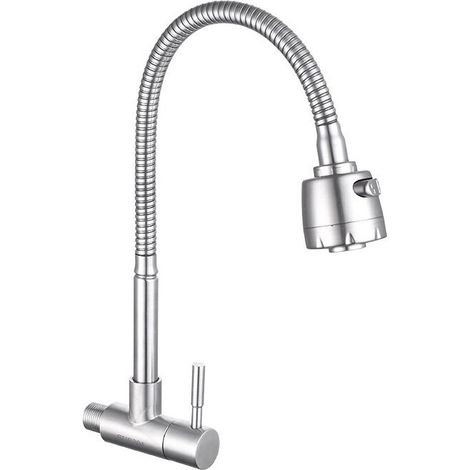 Robinet de salle de bain Acier Inox Brossé Robinet Mural pour Eau Froide à Ressort Mitigeur de Cuisine Mémoire de Forme Mitigeur d'Evier Simple en (1/4)