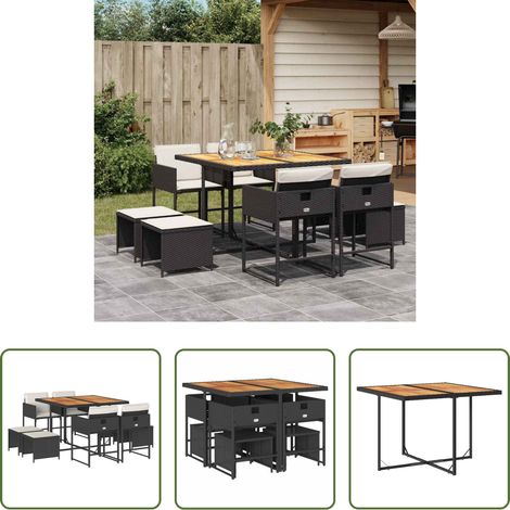 vidaXL Gartenstuhl - 9-tlg. Garten-Essgruppe mit Kissen Schwarz Poly Rattan (1/5)