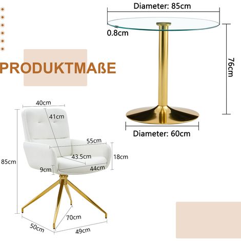 Ensemble table et 2 chaises cuisine : table ronde verre trempé 85 cm pied métal doré, 2 fauteuils repas PU blanc or pivotants 360° (1/5)