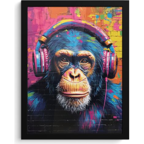 Framed Poster Graffiti - Chimpanzee - Street art - Headphones - Monkey 30x40 cm (1/5)