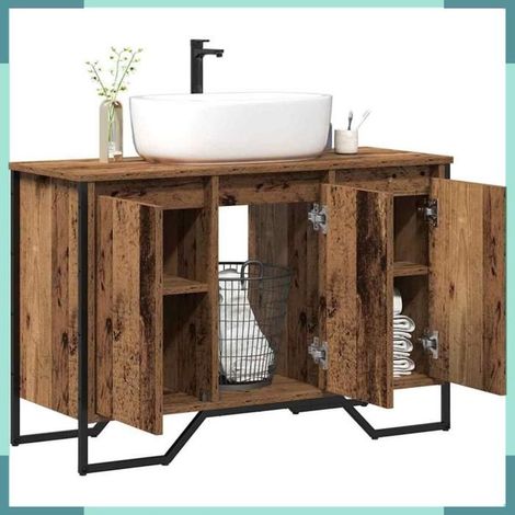 Cabinet sous évier - 869180 - Bois ancien patiné - 91 x 35 x 60 cm - Grand espace de stockage (1/5)