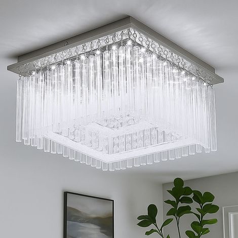 Deckenlampe Deckenleuchte Kristallleuchte Designleuchte Wohnzimmerlampe Schlafzimmer, Metall Glasstäbe Kristalldekor, 1x LED 21 Watt 1860 Lumen, HxLxB 21,5x36x36 cm
