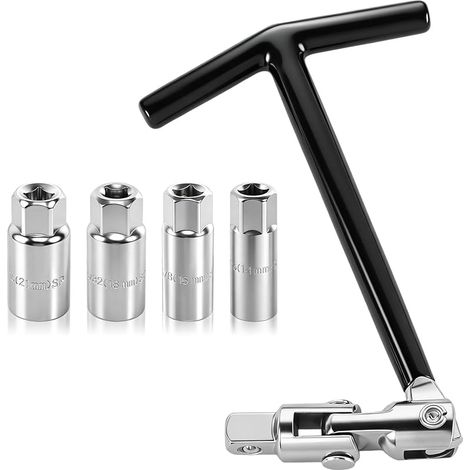 Lot de 5 clés à bougie d'allumage universelles - 14/16/18/21 mm - Avec poignée en T - Pour voiture et moto (1/5)