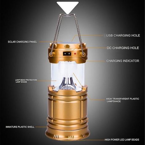 Lanterne de Camping à Led dorée, portable, solaire, télescopique (1/5)