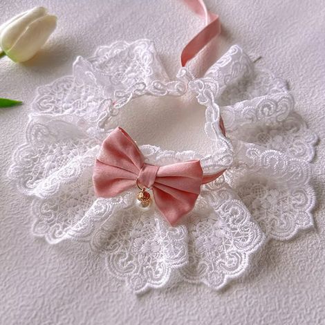 Écharpe en dentelle à motif chat - Style français - Nœud de perles - Rose-Dentelle 3D hydrosoluble + Nœud en satin + Clochette en fausse perle