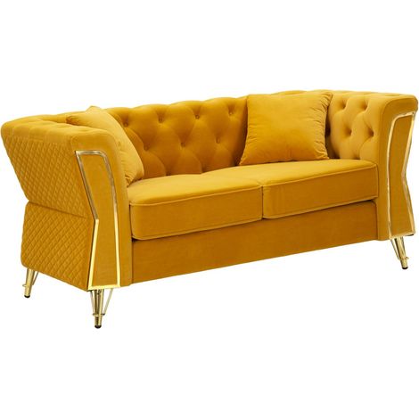 Divano Emy con cuscini in poliestere senape e gambe oro 162x83x76 cm