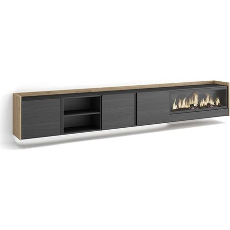 Mueble TV Benamocarra-02 de 315x50x35 cm con chimenea eléctrica y luces LED, suspendido, color negro y roble (1/4)
