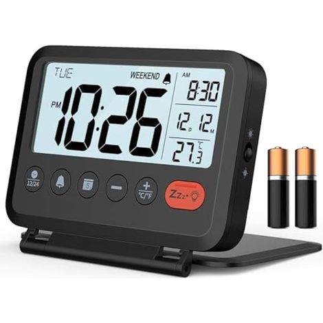 Réveil de voyage : rétroéclairage 2 niveaux, 2 volumes, 12/24H, calendrier, température, mode week-end, snooze, couvercle pliable, petite horloge numérique à piles (piles AAA incluses) (1/5)