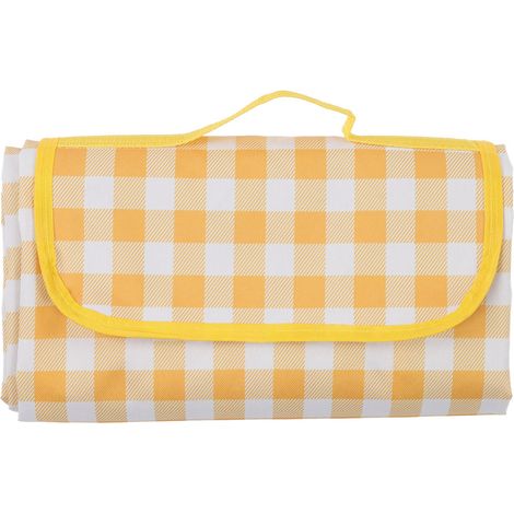 Couverture de pique-nique imperméable 197x144cm, pliable et portable avec design scratch, idéale pour camping et extérieur, motif jaune à carreaux. (1/5)