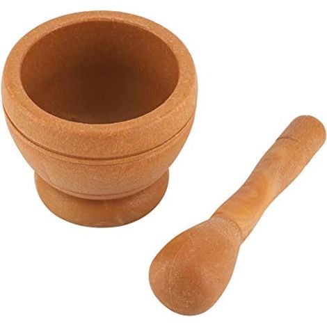 Set mortier et pilon, broyeur à ail manuel en plastique, mortier de cuisine Ø11 x H9 cm pour concasser et broyer les épices, bol à épices (couleur bois) (1/5)