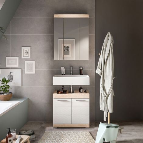 Meuble sous lavabo + armoire de toilette chêne et blanc - LAMBY