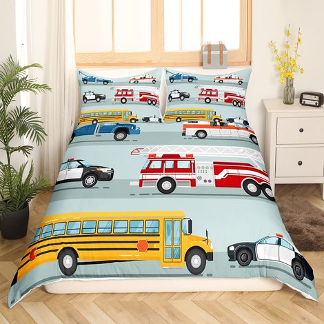Housse de Couette Parure de Lit 140x200cm pour enfants Décor de chambre Fire Truck Parure Housse de Couette Véhicules Red Jaune 2 pièces (1/5)