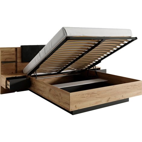 Vente-Unique – Lit coffre avec chevets 140 x 190 cm – 2 tiroirs – Éclairage LED blanc – Coloris naturel et anthracite – Fabriqué en Europe