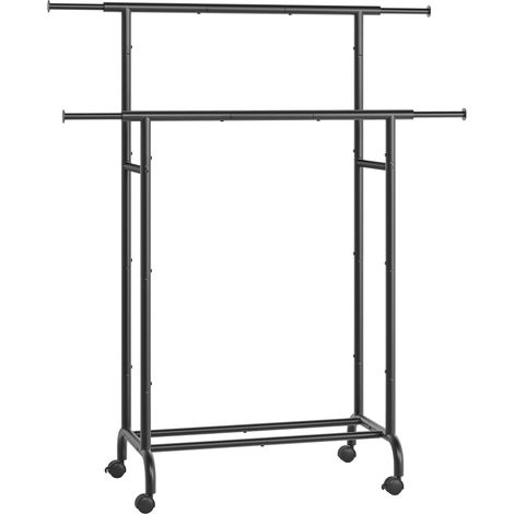Porte-Manteau à Roulettes, Portant à Vêtements Double Barre, Porte-vêtements Extensible, Structure en Métal Robuste, Capacité Totale 80 kg, 83-120 cm de Large, Noir d'Encre HSR133B01 (1/5)