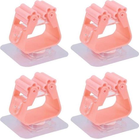 Ensemble de 4 pinces de fixation murales robustes pour balais et serpillères. Support sans perçage avec crochets en plastique pour salle de bain (rose). (1/5)