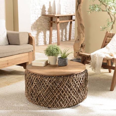 Macabane – Table basse ronde 70cm – Plateau en teck recyclé – Tissage en fibre de coco – Meuble monté 100% naturel (1/5)