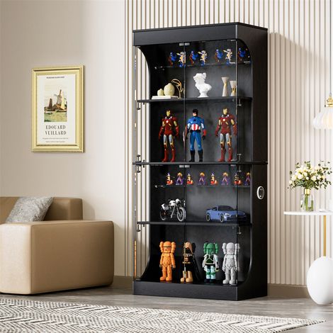 Vitrine en verre à 4 niveaux - 165x80x35cm - Éclairage LED capteur intelligent et station de charge USB - Noir (1/5)