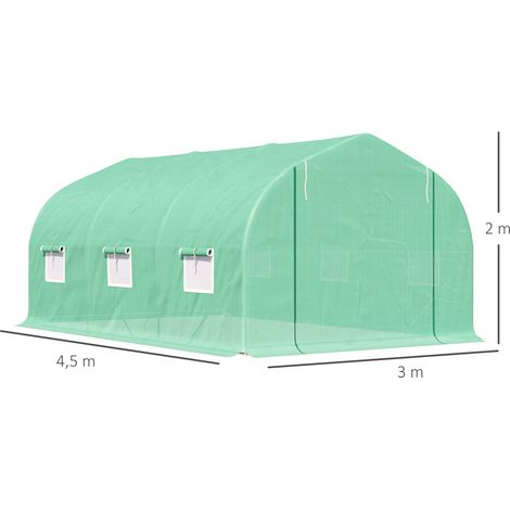 Outsunny Tunnelgewächshaus 450 x 300 x 205 cm, Gartengewächshaus mit 6 Fenstern, 140 g/m² PE-Polyethylen-Folie und Stahlrahmen für den Pflanzenanbau, Garten, Terrasse, Grünfläche