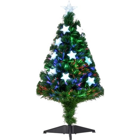 Sapin de Noël Artificiel Lumineux 90H cm Fibre Optique LED Multicolore + Support Pied 90 Branches étoile Sommet Brillante Vert (1/5)
