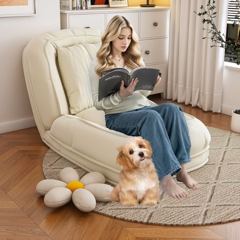 Chauffeuse convertible 180 x 90 x 26 cm - Tissu crème et métal - Pliable, 5 positions, 2 coussins (1/5)