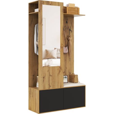 Garderobenset Mit 5 Haken, Spiegel, 2 Schuhschränken Und Sitzbank, Modern, Aus MDF, Schwarz Natur, 100×38×191 cm (1/5)