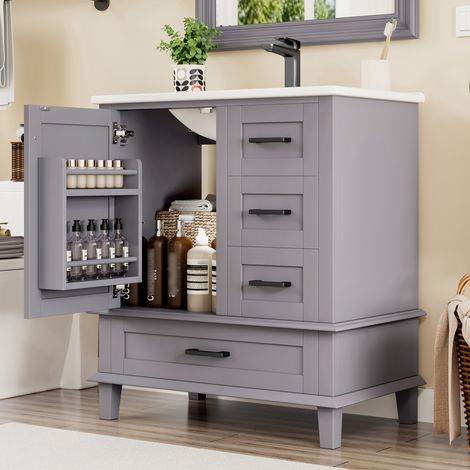 Meuble de salle de bain sur pied avec une vasque en céramique - 1 porte et 3 tiroirs - 76x46x83.5cm - Gris(robinet non inclus) (1/5)