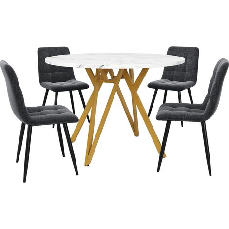 Ensemble table à manger 5 pièces avec 4 chaises, ensemble de salle à manger moderne pour cuisine, table ronde Ø 100 cm avec pieds en métal doré, plateau en MDF effet marbre, chaises grises (1/5)