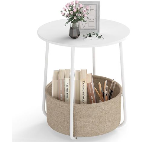 COSTWAY Tavolino da Salotto a 2 Livelli con Cesta in Tessuto, Comodino Moderno con Struttura in Metallo, Tavolino Rotondo per Soggiorno e Camera da Letto, 45 x 45 x 50,5 cm (Bianco) (1/5)