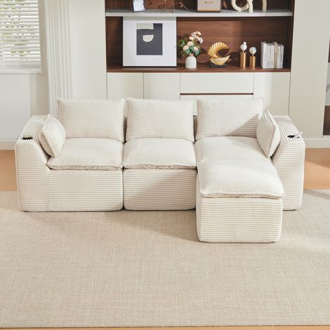 Canapé modulable 256 x 161 x 75 cm  avec pouf range boissons 2 poches ,3 places ,Velours,Beige