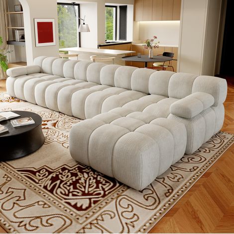 Canapé d'angle en tissu blanc, forme L, assise confortable avec mousse haute élasticité, lignes modernes, sans montage, déballage facile, pour salon ou chambre CHICFURN (1/5)
