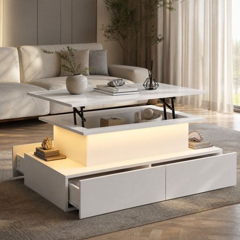 Weißer Hochglanz-LED-Couchtisch 90 x 55 x 41 cm mit 4 Schubladen und Stauraum HAVRYA (1/5)