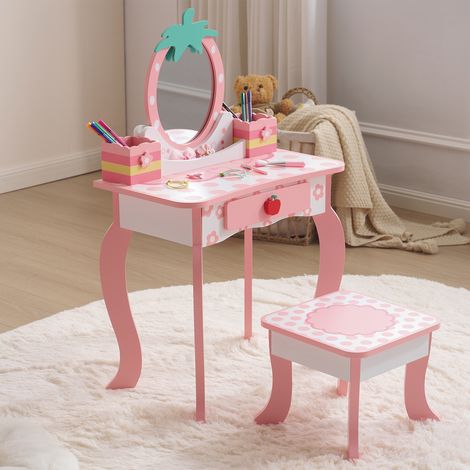 Kinder-Schminktisch-Set aus weiß lackiertem MDF mit einer Schublade und zwei Ablageflächen, verziert mit einem Apfelmotiv (1/5)
