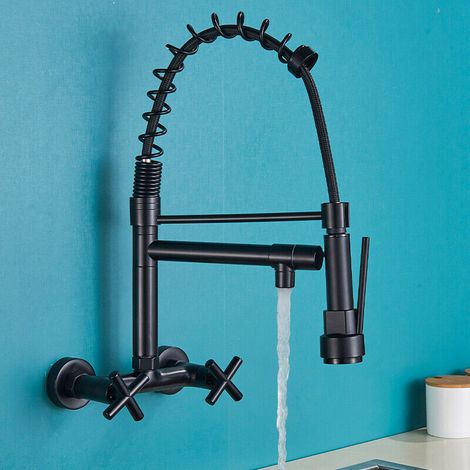 Schwarze Küchenarmatur, wandmontierte Küchenarmatur, Spültischarmatur mit ausziehbarem Brausekopf (1/5)