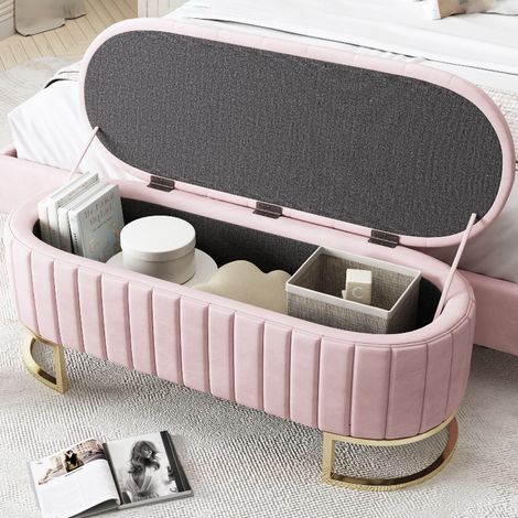 Sitzbank mit Stauraum und Metallbeinen, gepolsterte Polsterbank 120x40 cm, elegante Samtbank Sofabank für Schlafzimmer und Flur, Rosa (1/5)