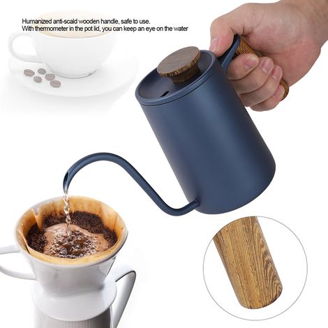 Cafetière à filtre en acier inoxydable de 600 ml avec poignée et bec verseur en col de cygne long (bleue) (1/5)