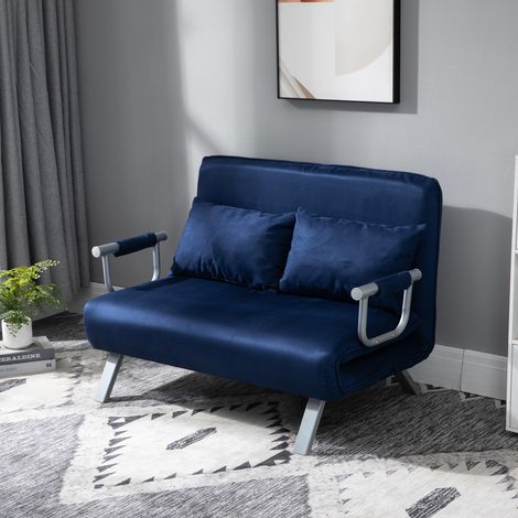 Canapé Convertible 2 Places, Dossier Réglable en 5 Positions, Coussins, Polyester Bleu (1/5)